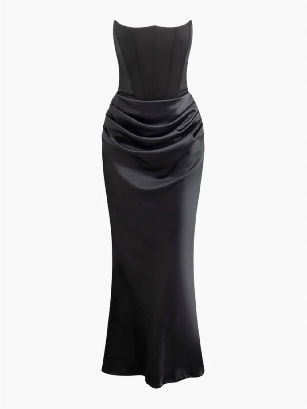 Black Strapless Corset Maxi Dress with Draped Waist